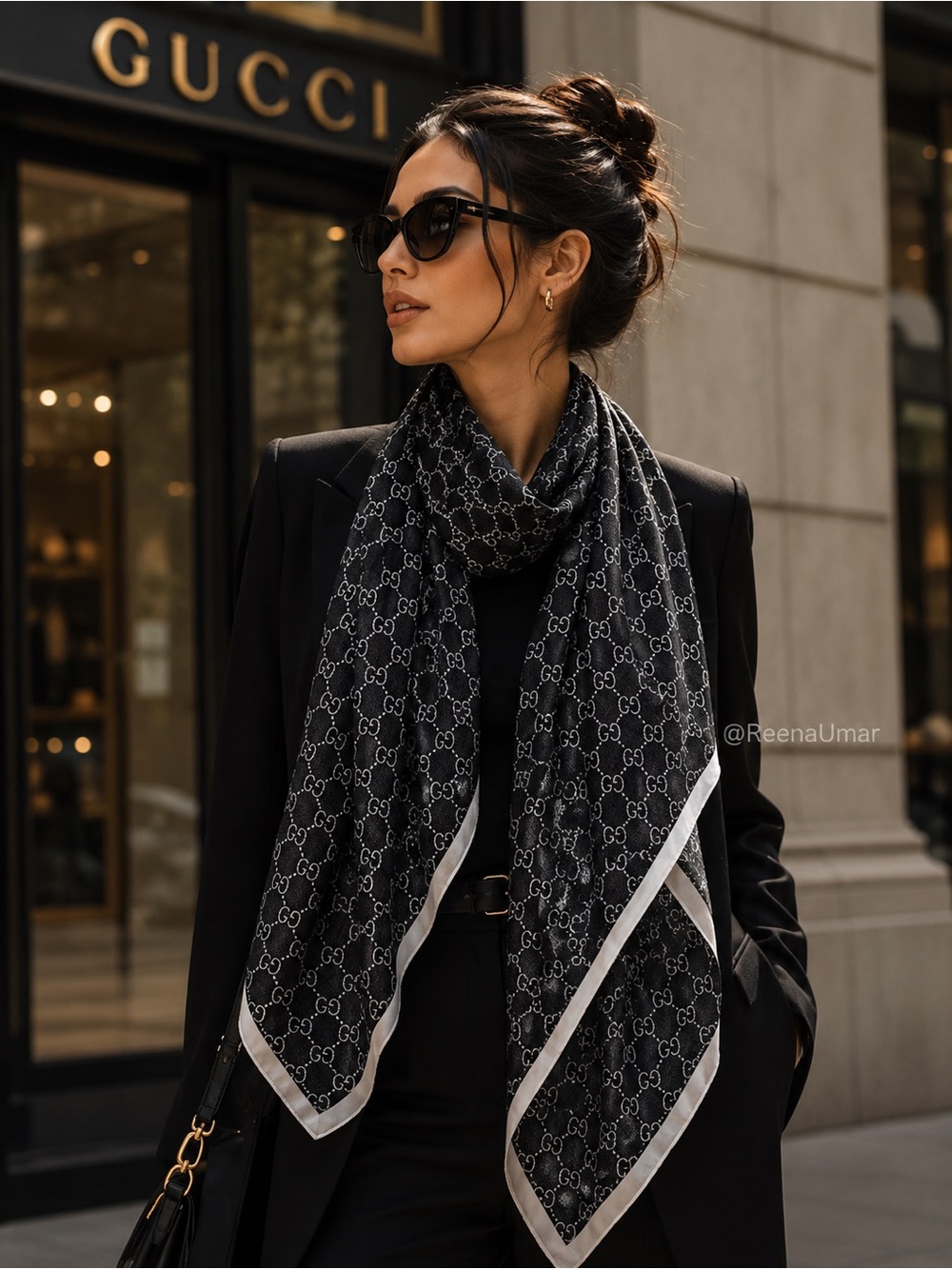 100% Silk GG Pattern Rectangle Scarf Black white New With Tags
